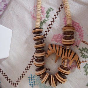 Vintage Africa Wood Statement Necklace with Carved Zebra Handmade